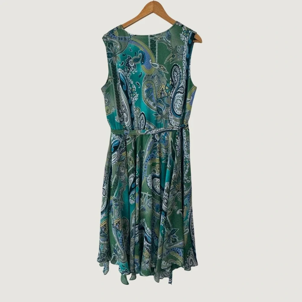 Jones New York‎ Paisley Faux Wrap Dress 14W Green Blue Boho Sleeveless Midi